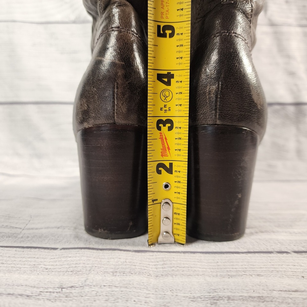 Frye Carson Size 7 Shield Tall Boots Dark Brown Distressed Leather Block Heel - Picture 6 of 9